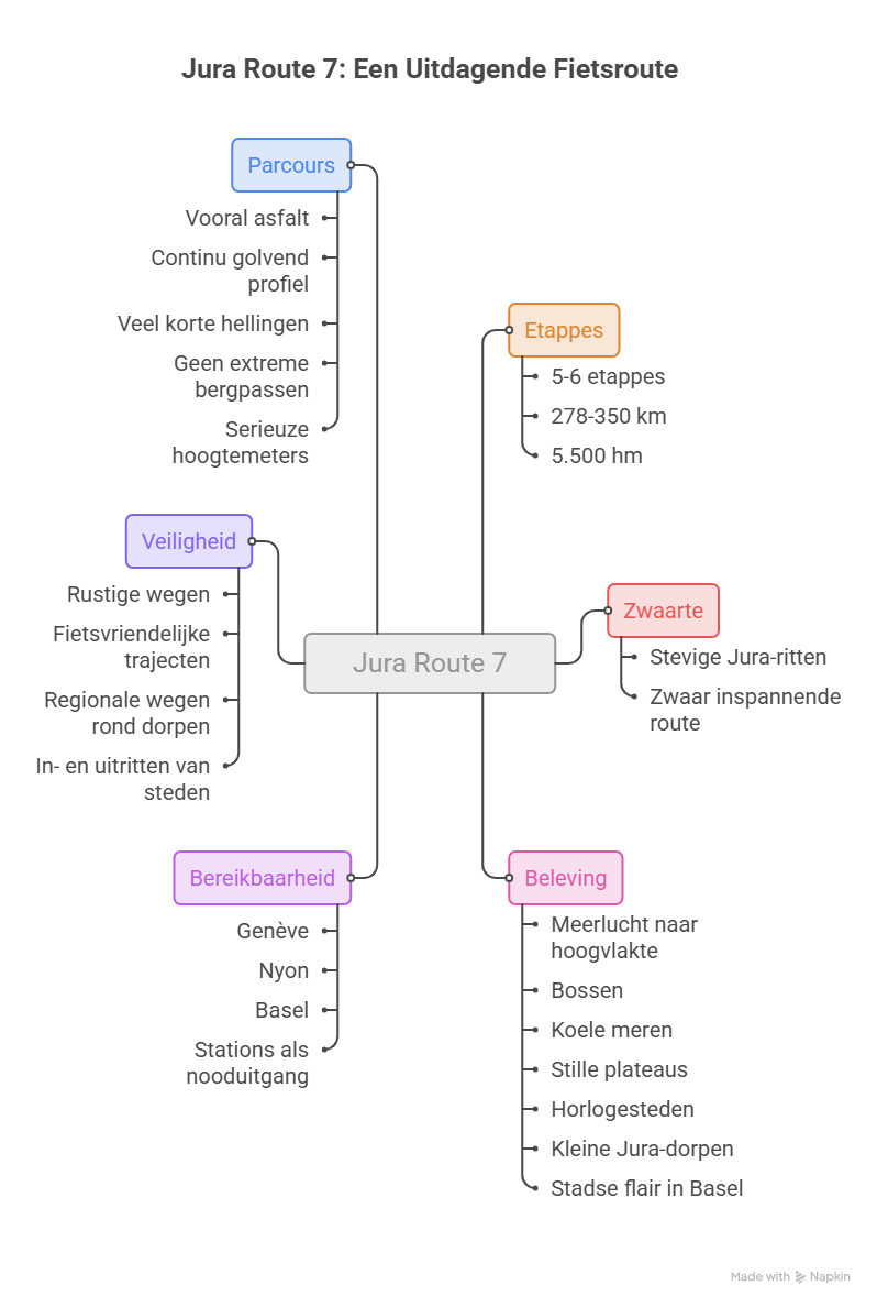 Mind map outlining Jura Route 7 cycling route with categories parcours, etappes, zwaarte, beleving, bereikbaarheid, and veiligheid, detailing route characteristics, stages, difficulty, experience, accessibility, and safety