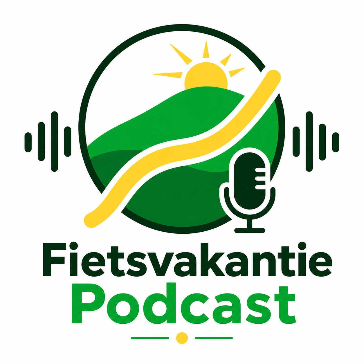 Nieuw logo van Fietsvakantiepodcast met microfoon, groene heuvels, gele route en zon aan de horizon