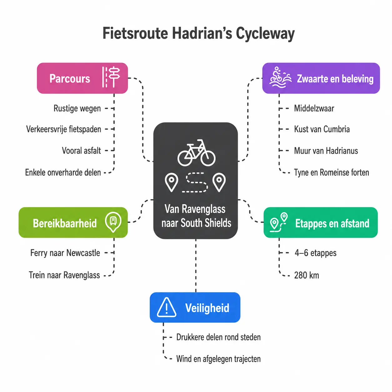 Infographic met routekenmerken van Hadrian’s Cycleway van Ravenglass naar South Shields: 280 kilometer in vier tot zes etappes