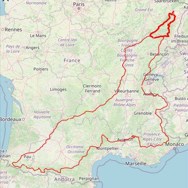 Routekaart van de 100 Cols Tocht door Frankrijk, met de Trial Ride als lus in de Vogezen