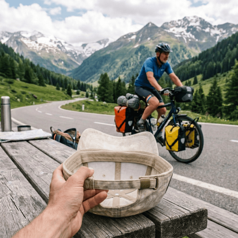 Touring cyclist riding loaded bicycle along an Alpine mountain road