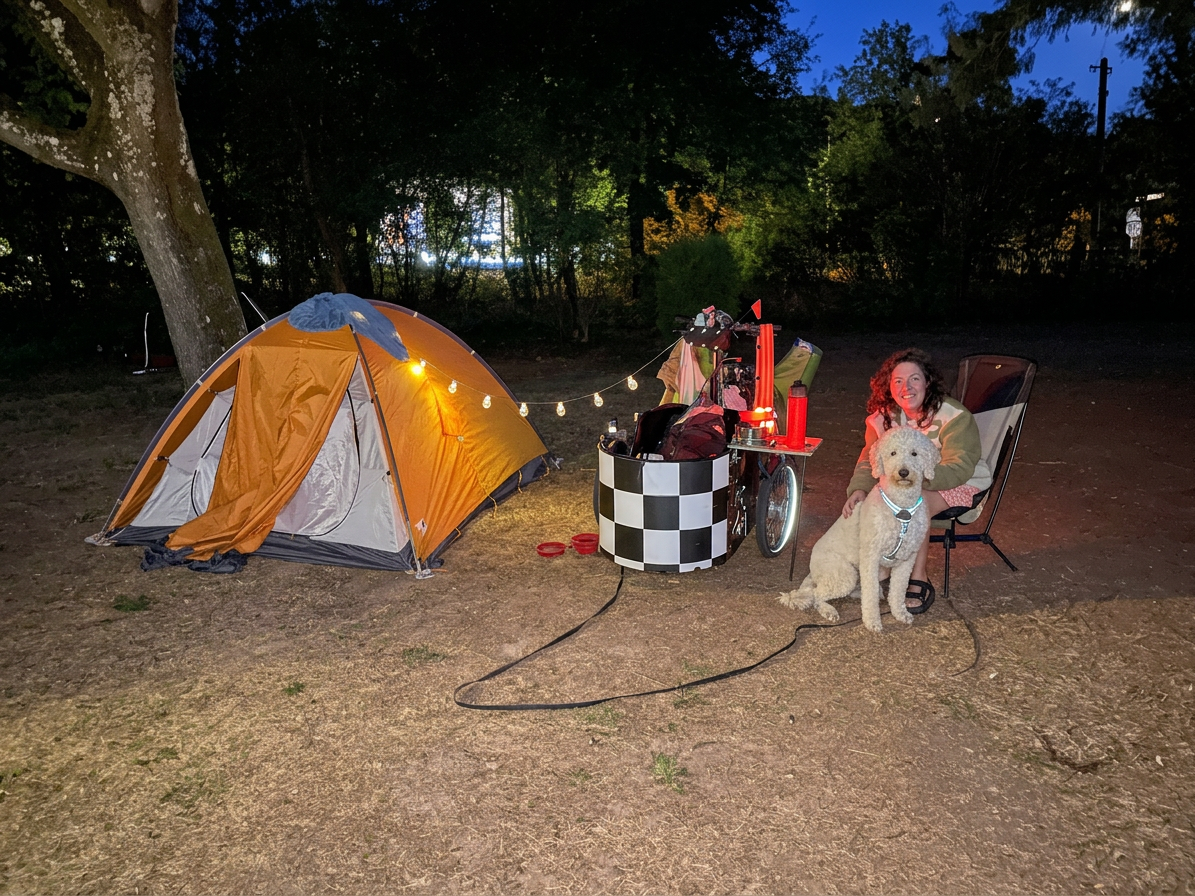 Podcast Maartje verlichting tent Woman sitting beside a white dog at a nighttime campsite with a tent and string lights