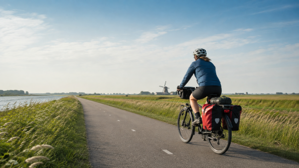 Vakantiefietser met bagage op een open weg door het Nederlandse landschap tijdens een lange fietsdag